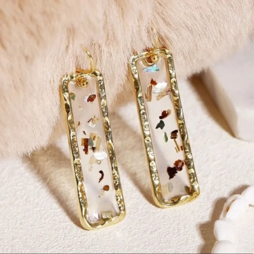 Gold Rectangle Glitter Speckle Clear Drop Earrings